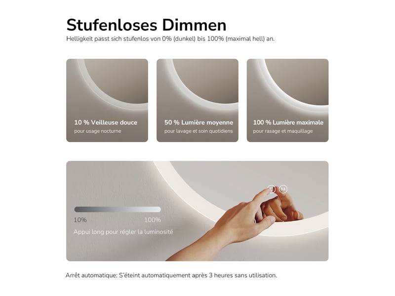  Emke miroir lumineux salle de bain rond diamètre 50cm, miroir led avec interrupteur tactile, anti-buée, miroir avec éclairage 3 couleurs  - Conforama D