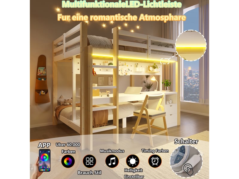  Lit mezzanine 90x200 cm et 140x200 cm naturel et blanc avec tiroirs, bureau, panneau perforé, led, sans matelas  - Conforama D