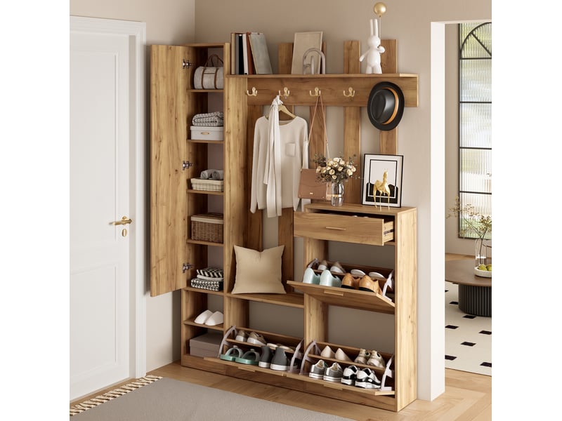  Meuble d’entrée avec miroir, 3 meubles à chaussures et 1 tiroir 133x23,5x180 cm en panneau de particules naturel  - Conforama B
