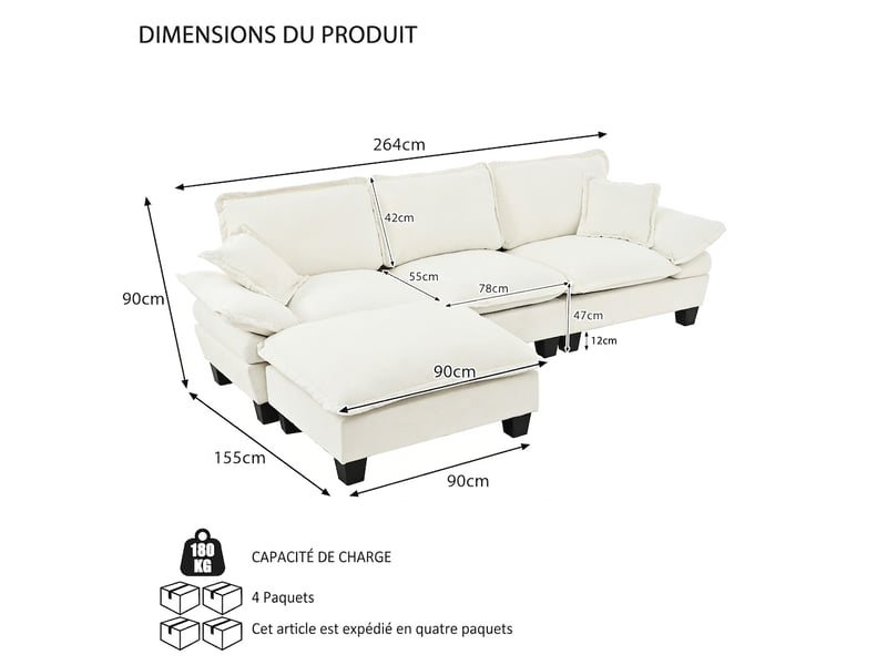  Canapé d'angle modulable en l beige 263 cm avec ottomane amovible et revêtement chenille  - Conforama C