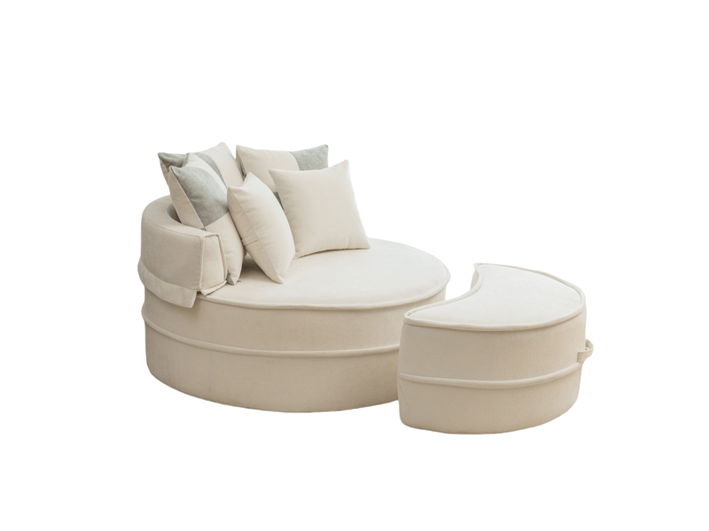  Fauteuil avec pouf rond avec 5 coussins, assise profonde et sans montage, en chenille et mousse beige, 121 × 107 cm  - Conforama A