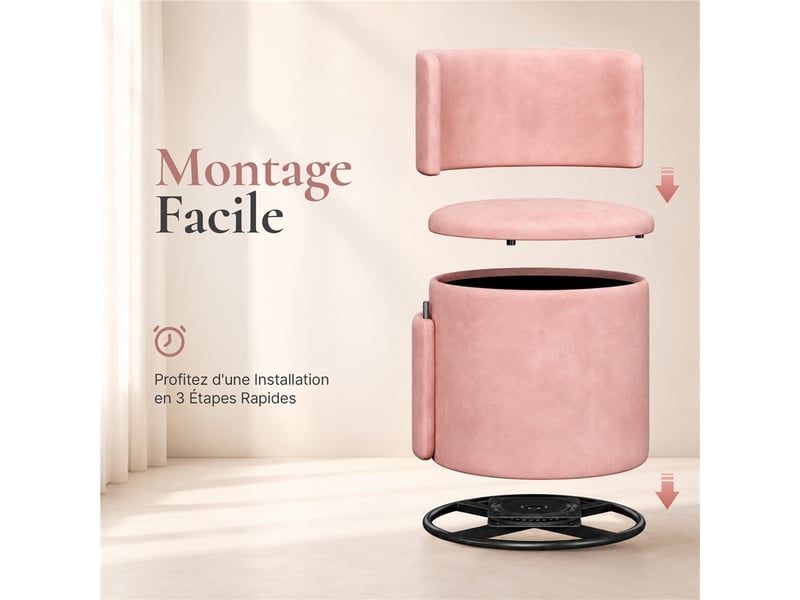 Tabouret de coiffeuse pivotant à 360° en velours rose avec coffre de 40 l et dossier ergonomique rose 594025 Pink - Conforama E