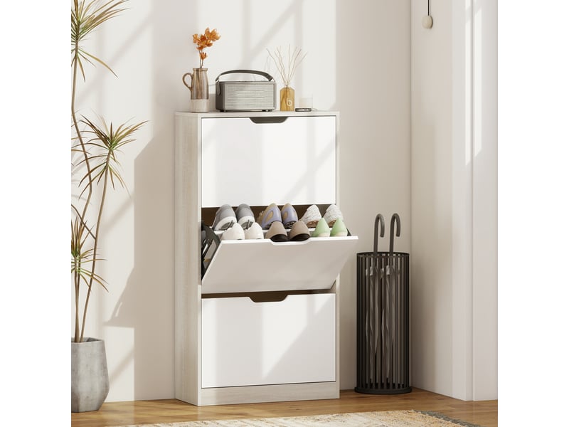  Meuble à chaussures design bicolore effet bois clair blanc 3 portes  - Conforama B