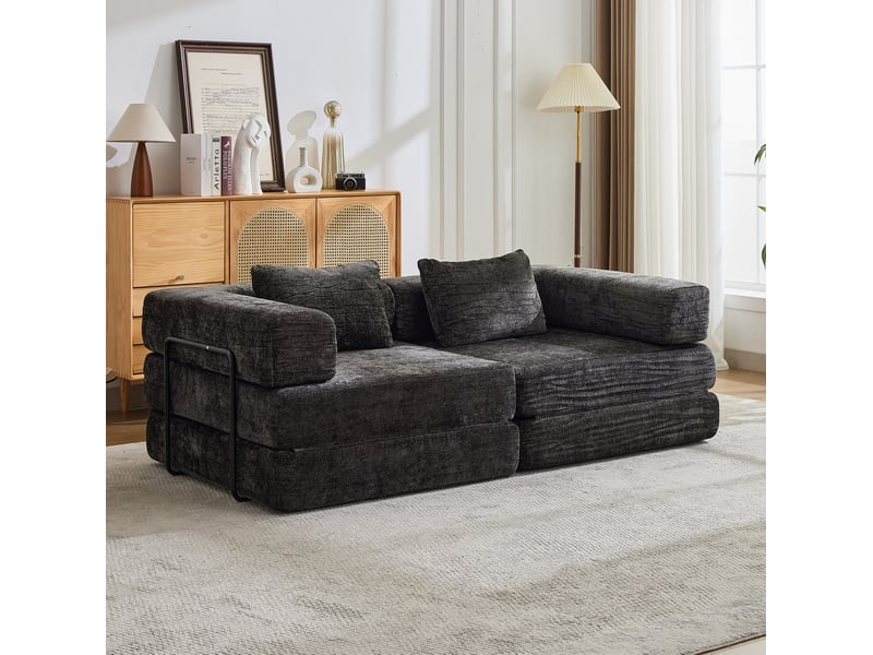  Canapé convertible modulable pliable 2 places avec couchage au sol sans montage pour salon, en chenille noire  - Conforama B