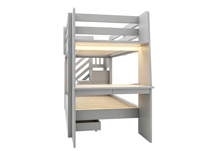  Lit superposé enfant 90×200 cm avec bureau, led, prise et tiroirs, gris  - Conforama E