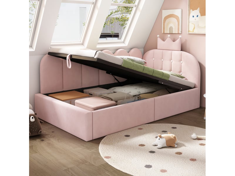  Modenvie lit banquette 90x200 cm - rangement hydraulique et dossier en velours, sans matelas - rose  - Conforama D