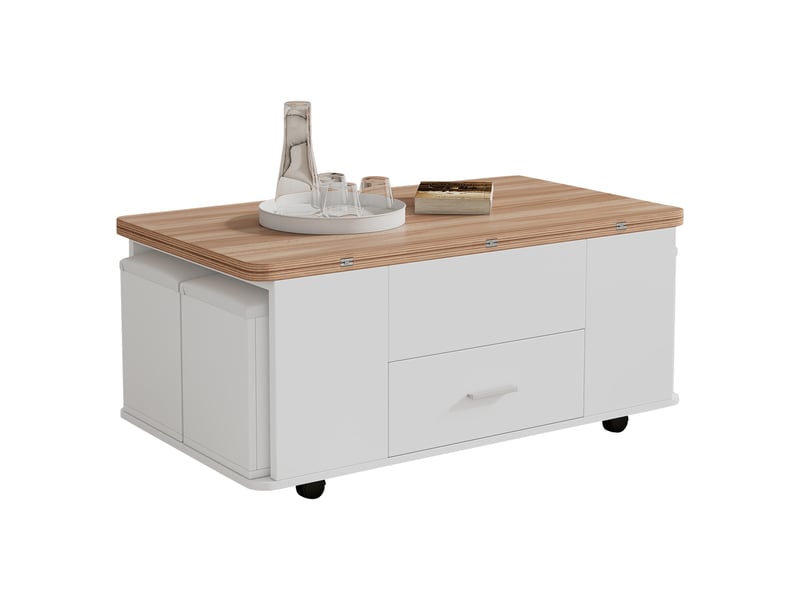  Table basse réglable en hauteur, table d'appoint mobile, table basse multifonctionnelle 4 en 1 transformable en table de salonsalle à manger, table basse avec tiroirs, avec 4 tabourets, coloris blanc et bois naturel  - Conforama A