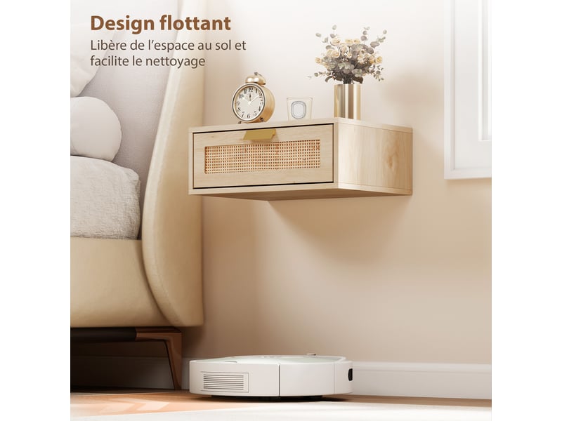  Lot de 2 tables de chevet murales avec tiroir rotin coloris chêne 40 x 30 x 15 cm  - Conforama E