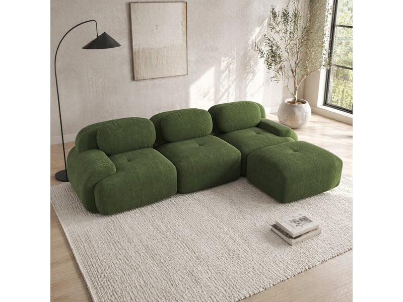 Canapé d’angle 3 places modulable en velours côtelé vert sans cadre, confort 32d et prêt à installer  - Conforama B