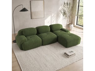 Canapé d’angle 3 places modulable en velours côtelé vert sans cadre, confort 32d et prêt à installer