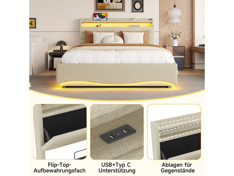  Lit coffre 140x200 cm rembourré en tissu lin avec rangement hydraulique, éclairage led, usb et type-c, tête de lit avec étagère, beige  - Conforama D