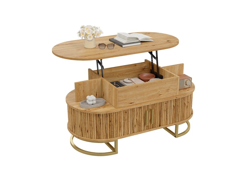 Table basse relevable, table de salon ovale avec rangement et portes coulissantes, mdf et pieds en acier doré 100x50x64cm, naturel - Conforama A