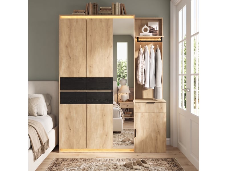  Armoire vestiaire 155x47x200 cm avec miroir et éclairage led mdf couleur bois clair  - Conforama B