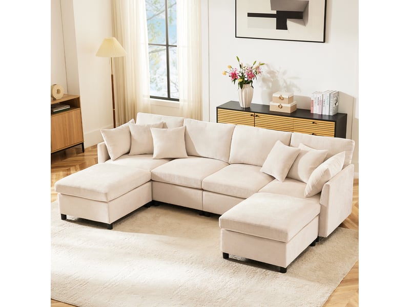 Canapé modulable beige en chenille avec 2 poufs et 6 coussins - Conforama B