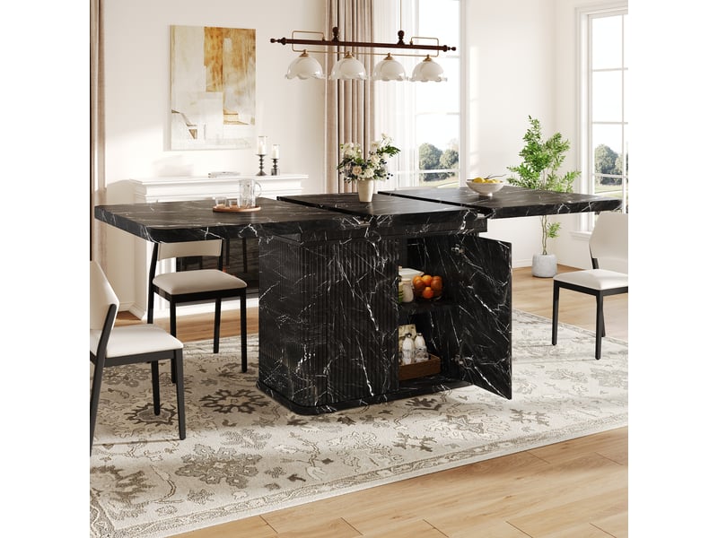 Table à manger extensible 140180 cm pour 6-8 personnes, avec rangement caché intégré, plateau rabattable, pied design rainuré vertical, effet marbre - noir - Conforama B
