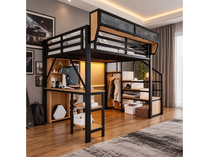Lit mezzanine 140x200 cm – avec escalier de rangement – avec bureau – avec éclairage led – avec prise électrique – noir (matelas non inclus) - Conforama W