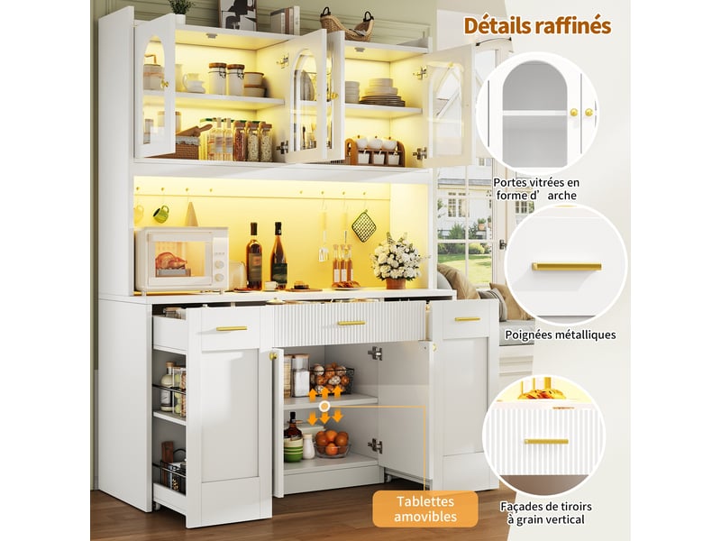  Buffet haut de cuisine 120 x 40 x 187 cm avec led rgb, 3 vitrines, tiroirs et rangements coulissants, blanc  - Conforama D