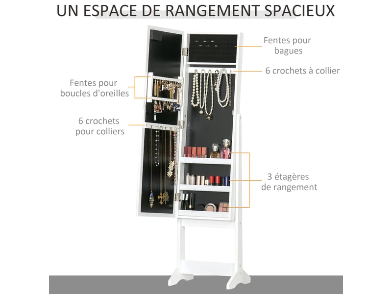  Armoire à bijoux armoire de rangement sur pieds boîte à bijoux avec miroir éclairage multi-rangements led blanc  - Conforama D