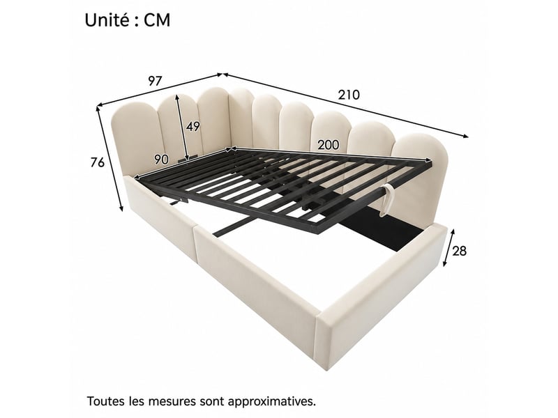  Lit banquette 90 x 200 cm avec rangement hydraulique et côtés interchangeables, sommier métallique, velours beige  - Conforama D