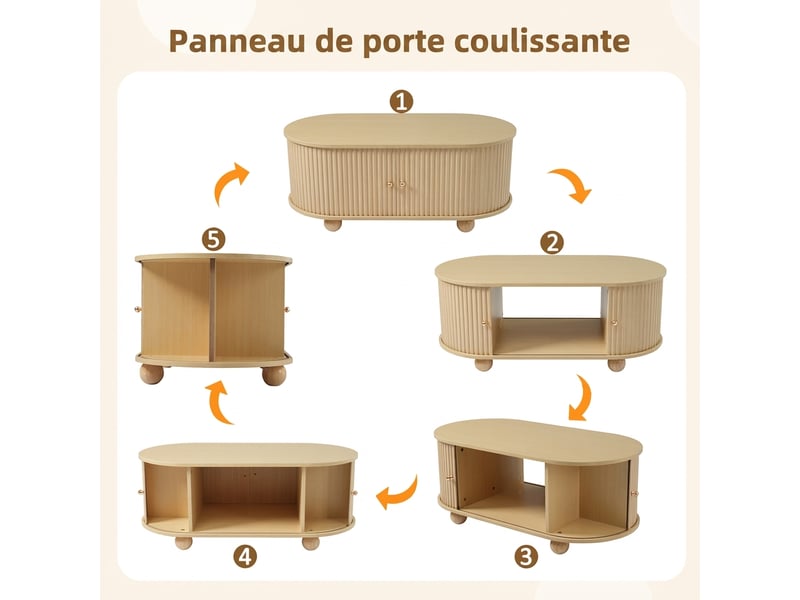  Table basse ovale avec rangement mdf couleur bois - portes coulissantes 100cm  - Conforama C