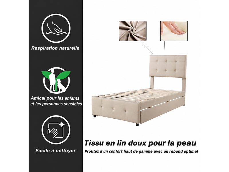  Lit enfant rembourré 90 x 200 cm avec couchage gigogne - tête réglable, tissu lin beige  - Conforama E