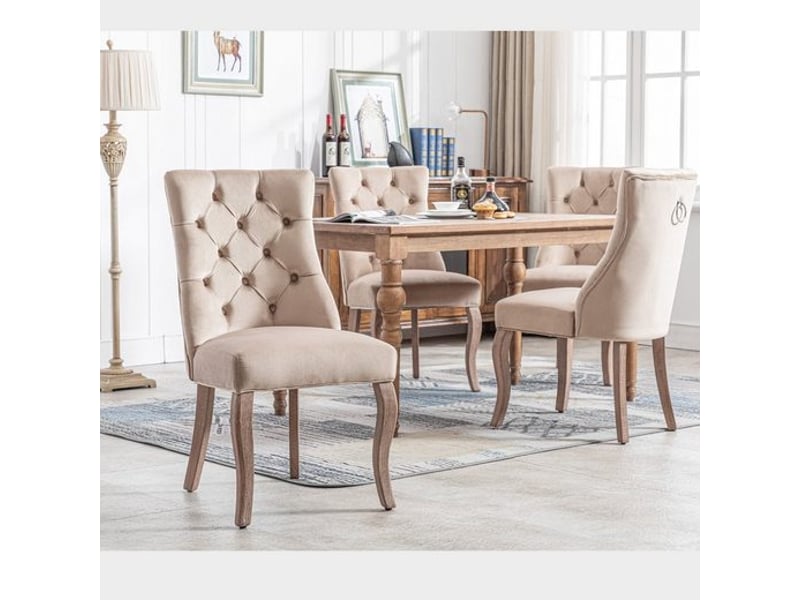 Lot de 4 chaises de salle à manger en velours beige, dossier haut capitonné, pieds bois massif, style élégant - Conforama B
