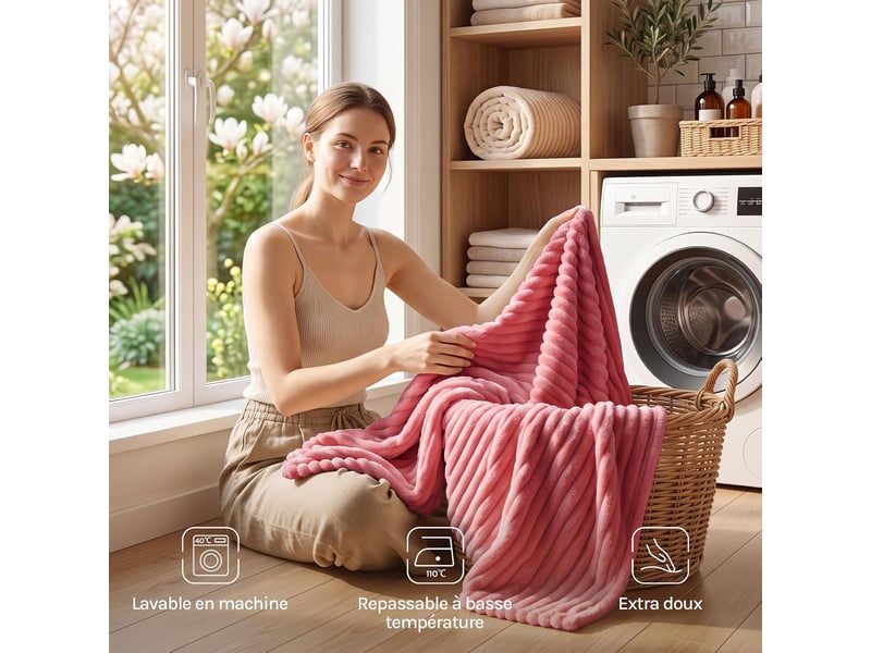 Couverture polaire en flanelle côtelée, 230x270cm, rose, 350 gm², moelleux, léger, plaid pour lit et voyage - Conforama C