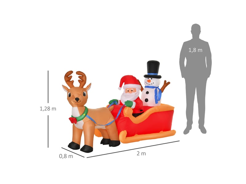  Père noël gonflable avec traîneau et rennes 200 cm 5 lumières led décoration de noël intérieure et extérieure rouge  - Conforama E