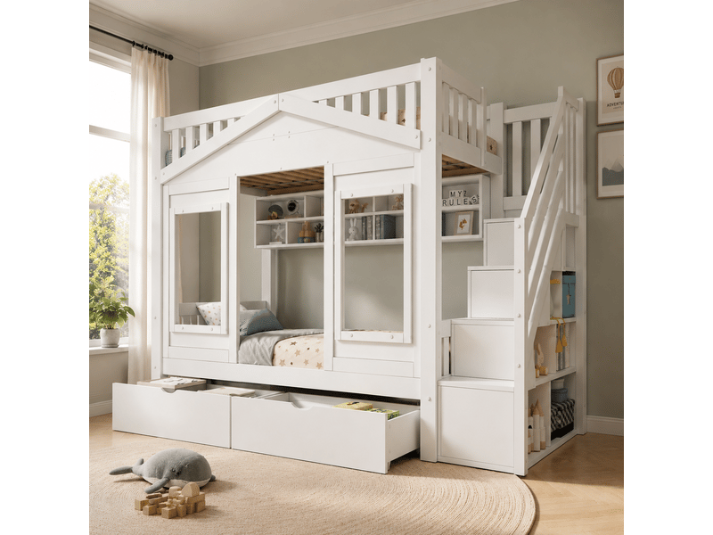  Lit superposé 90x200 cabane avec escalier de rangement et tiroir - bois massif blanc  - Conforama R