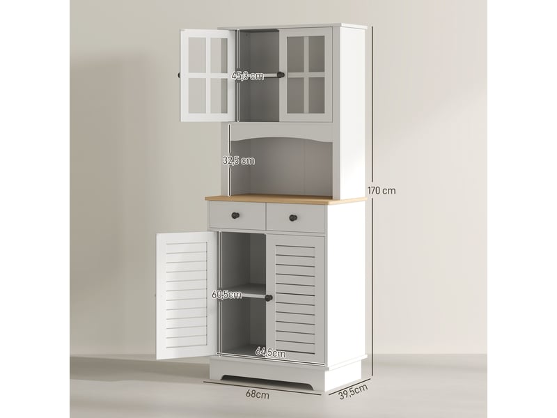  Meuble de cuisine avec portes vitrées, 2 tiroirs, vaisselier, meuble de salle à manger, bois, 68 x 39,5 x 170 cm, blanc  - Conforama D