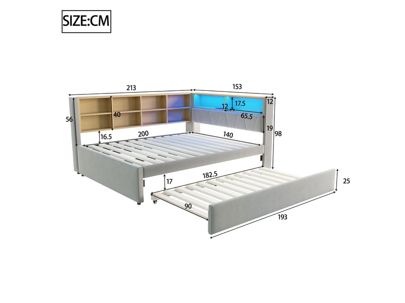  Lit banquette rembourré 140x200 cm avec lit gigogne 90x190 cm, rangements, led, usb, usb-c et prise électrique, sommier à lattes, flanelle gris clair Radiant Stride - Conforama C