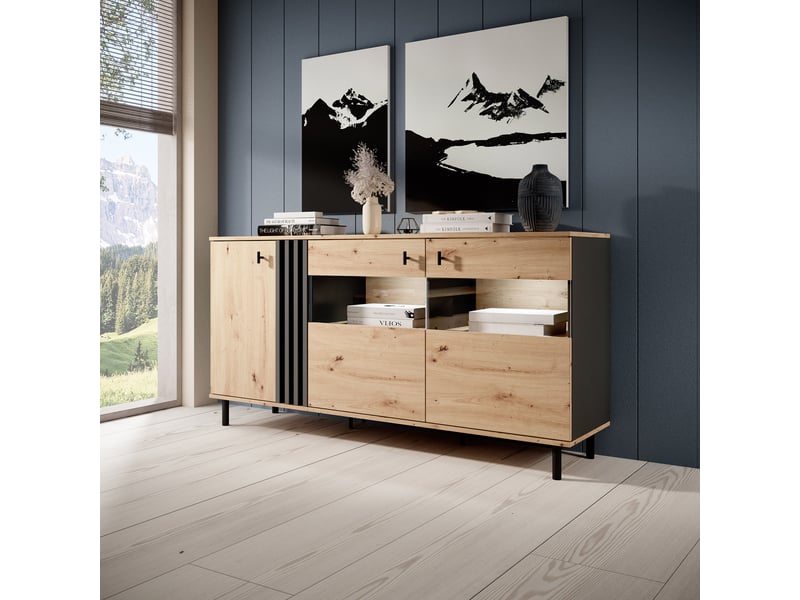  Buffet hare, bahut 3 étagères, 165x40x82h cm chêne nœuds marron Hare - Conforama B