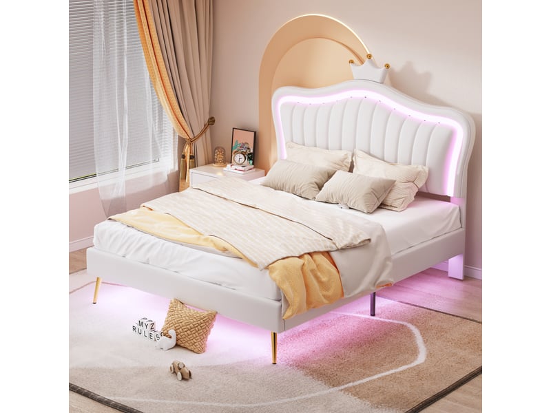  Lit enfant capitonné 140 x 200 cm, tête de lit couronne, led, cadre pu blanc, sommier inclus, sans matelas  - Conforama E