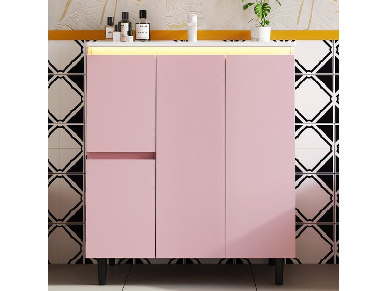  Meuble sous vasque sur pied 76x47x89 cm avec vasque intégrée rose  - Conforama D