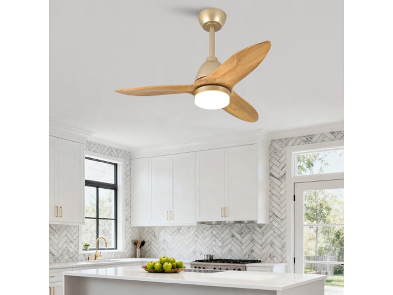  Ventilateur de plafond avec éclairage led dimmable et moteur dc réversible - en bois massif chêne doré 36 pouces  - Conforama B