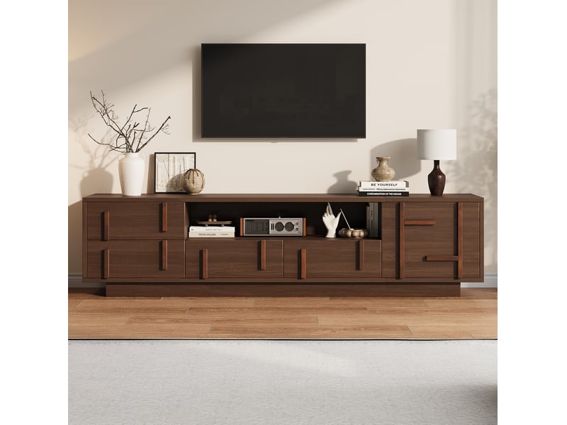  Meuble tv 180x40x45 cm avec 4 tiroirs et un porte en mdf, passage de câbles, couleur marron, design vintage  - Conforama B