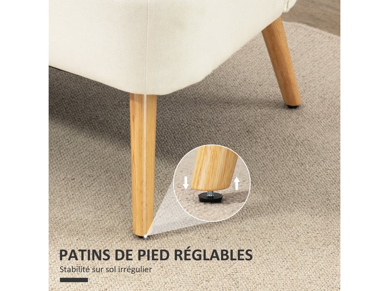  Canapé 2 places, canapé de salon en tissu aspect lin, assise rembourrée et pieds en bois d'hévéa, crème, 117x56,5x77cm  - Conforama W
