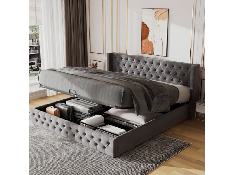  Lit double 180x200 cm, tête de lit oreilles capitonné, clous décoratifs, design velours gris, lit coffre hydraulique  - Conforama B