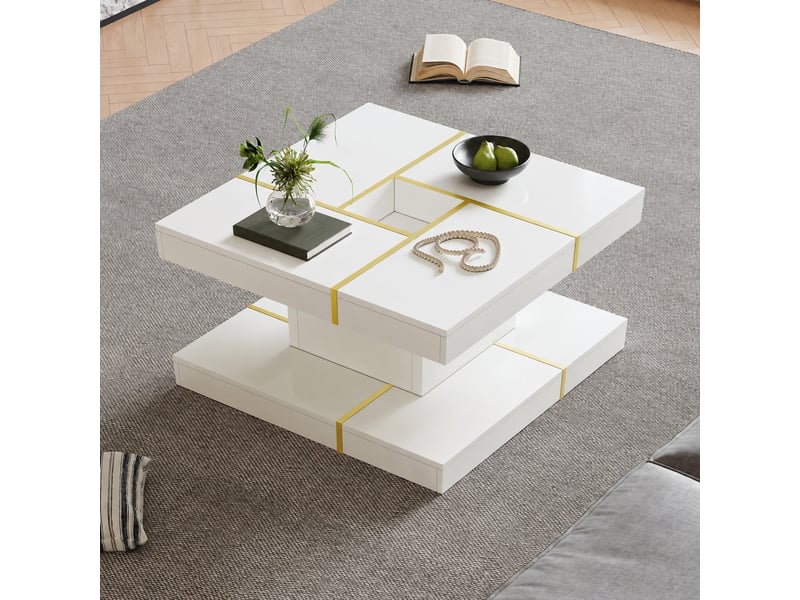  Table basse carrée blanche à 2 niveaux, niche centrale et détails dorés, 80 x 80 x 38 cm  - Conforama E