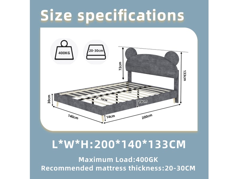  Lit enfant 140 × 200 cm 2 places avec tête de lit ours, sans matelas, en tissu et métal, gris  - Conforama D