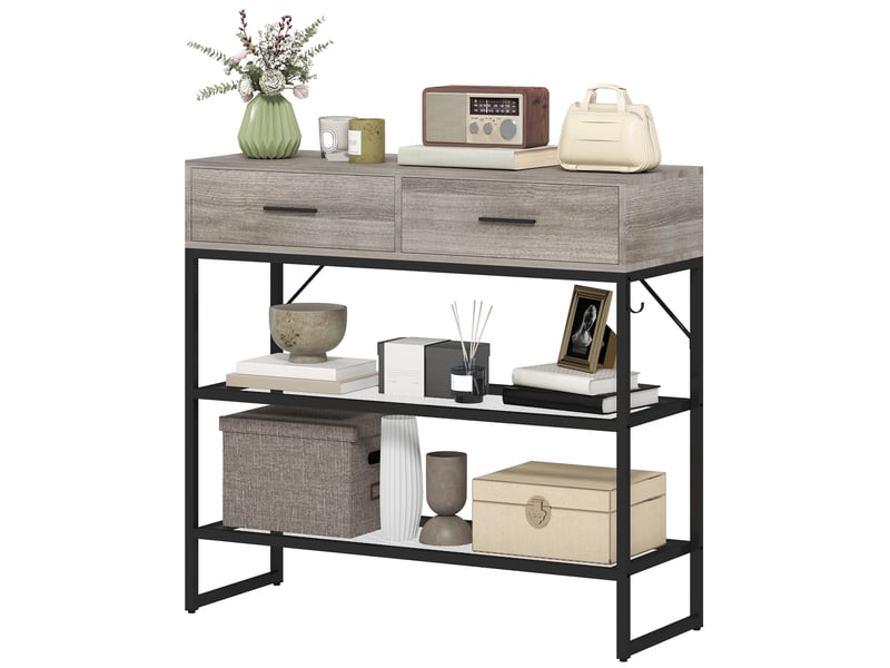  Console d'entrée avec 2 tiroirs, 2 étagères et crochet latéral, en bois et métal, 100 x 35 x 92 cm, noir et bois  - Conforama B