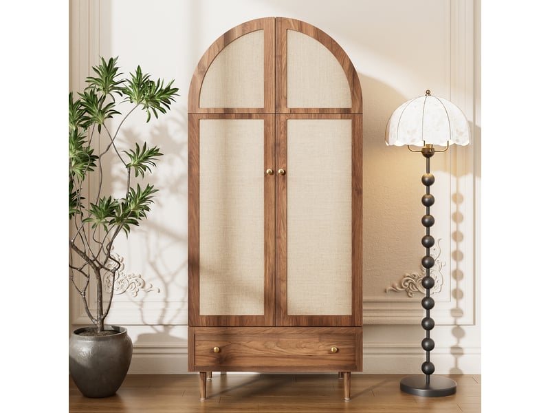  Armoire dressing 79x50x175 cm avec portes en tissu, tiroir et penderie, rangement chambre design arrondi en mdf noyer - bois  - Conforama B