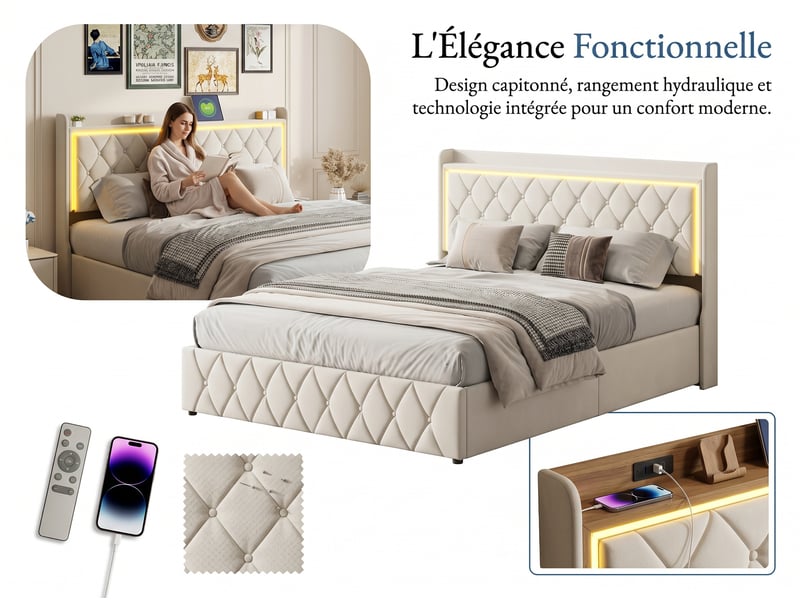  Lit coffre 140x200 cm - led intégrée et port usb - tête de lit avec rangement - velours - sommier inclus  - Conforama E