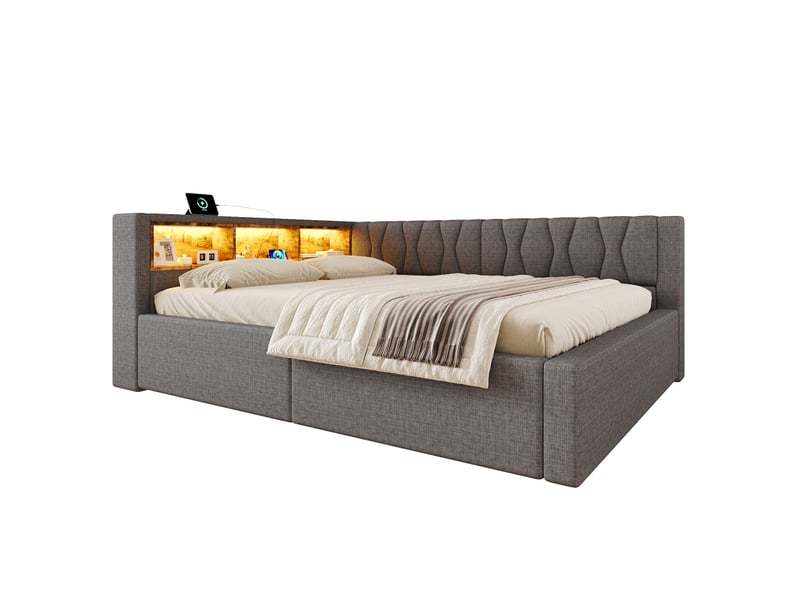  Lit de jour, canapé-lit, 140 x 200 cm, sans matelas, suspension hydraulique, avec bande led à intensité variable, étagère pratique et port usb, gris  - Conforama A