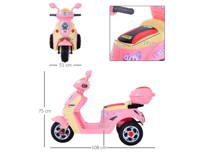  Scooter électrique enfant 108x51x75 cm 6v à 3 roues avec coffre rose et blanc  - Conforama D