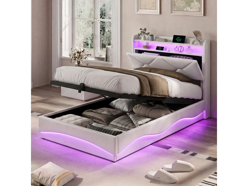  Lit coffre 90 x 200 cm - coffre hydraulique, éclairage led d'ambiance et port usb sur tête de lit - finition velours beige  - Conforama D