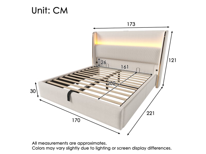 Lit coffre double 160 × 200 cm, éclairage led réglable, usb et type c, matelas inclus, tissu beige - Conforama D