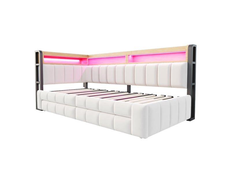  Lit canapé extensible velours beige 90/180x200 cm avec tiroirs, led, usb et type-c  - Conforama E