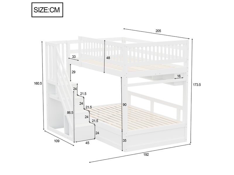Lit superposé 140x200 cm, lit enfant, ouverture hydraulique, escalier avec rangement, barrière de sécurité, éclairage led, bois blanc CozyNest - Conforama C