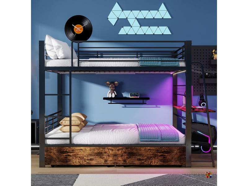  Lit superposé 140 × 200 cm avec bureau, 2 tiroirs, led, prises, échelle et barrières pour chambre 237 × 145 × 170 cm  - Conforama D